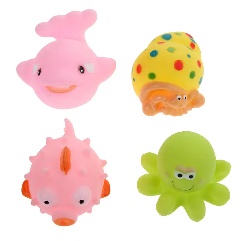 4Pcs Baby Bath Toys St Rubber Octopus Dolphin Creatures Float Squeeze Sound Squeaky Bathing Toy For Baby 1