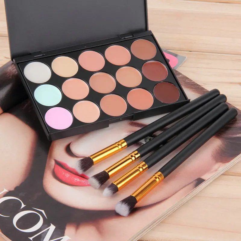 4Pcs Cosmetic Tool Eyeshadow Foundation Brush + 15 Color Concealer Palette Cream Contouring Makeup Palette Yks 2
