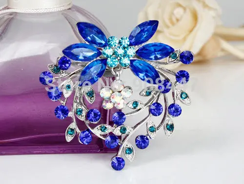 5.8X6cm Blue Rhinestone Mixed Crystal Flower Brooches Pins Wedding Gift,Branch Brooch 2