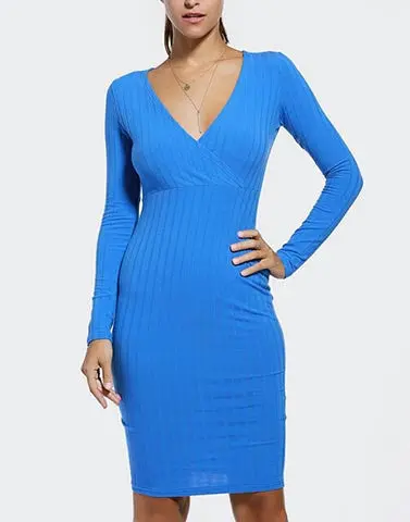 5 Colors Ladies Sexy Elegant Dress Deep V Tight Long-Sleeved Office Dresses Solid Package Hip Bodycon Vestidos X0268 1