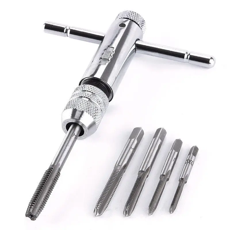 5 Pcs M3-M8 Straight Groove Tap Hand Screw Tap With T-Handle Ratchet Tap Wrench Bearing Steel Straight Flute Taps 88485 1