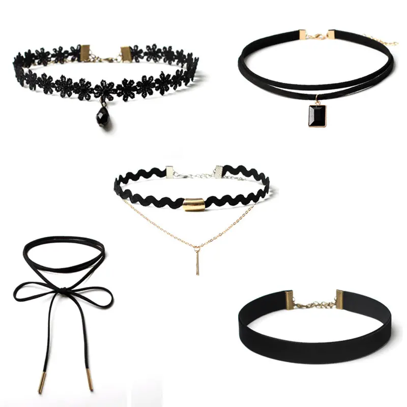 5 Pieces Choker Necklace Set Stretch Velvet Classic Gothic Tattoo Black Lace Necklaces Gift Jewelry 1