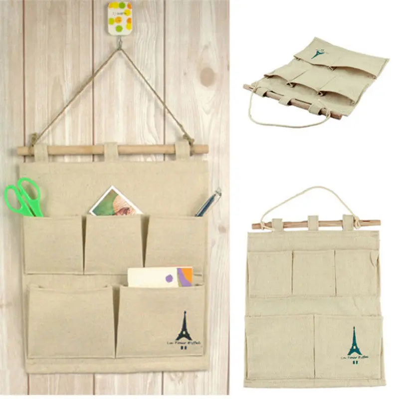 5 Pockets Tower Cotton Storage Bags Hanging Wall Multi-Layer Fabric Pouch Pastoral Style Household Essential 85959 1