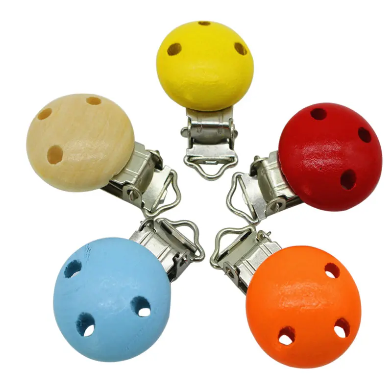 5Pcs Wooden Pacifier Clip Baby Infant Round Dummy Clip Cartoon Pacifier Nipples Clip Holder 1