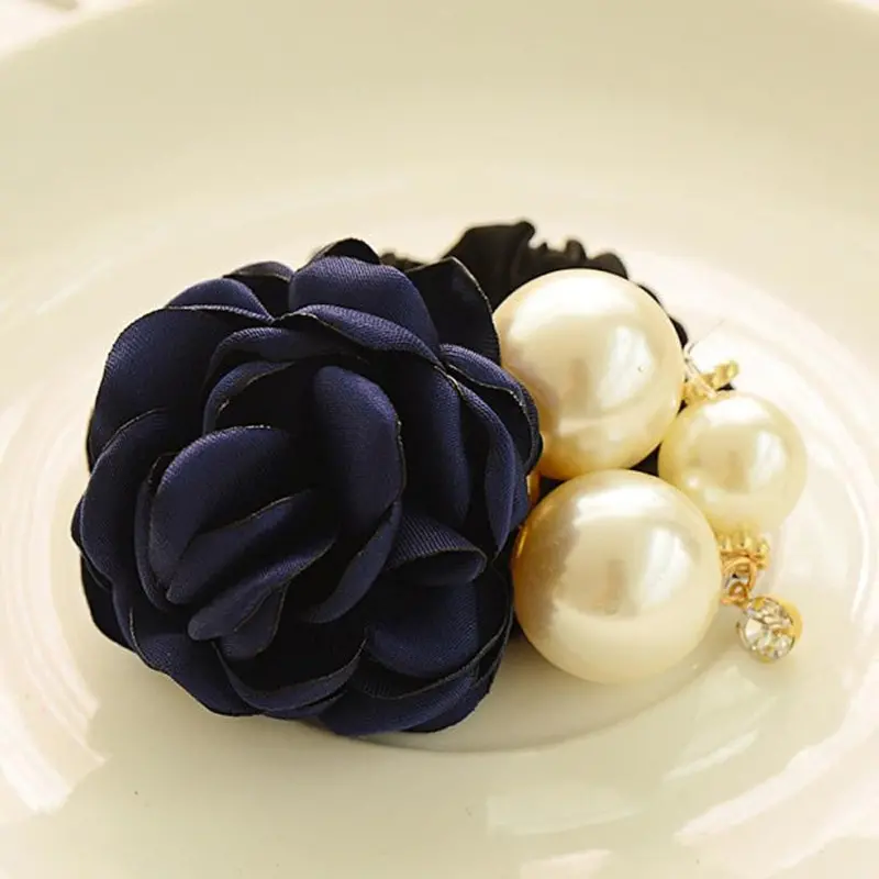 6 Color Elastic Hair Bands Women Satin Ribbon Rose Flower Pearls Hairband Ponytail Holder Hair Band Valentine's Gifts 1