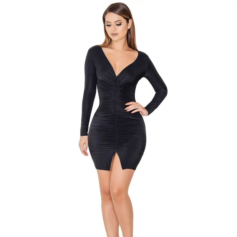 6 Colors Sexy Women V-Neck Pleated Bandage Dress Bodycon Clubwear Mini Dresses Solid Split Party Vestidos M0674 1