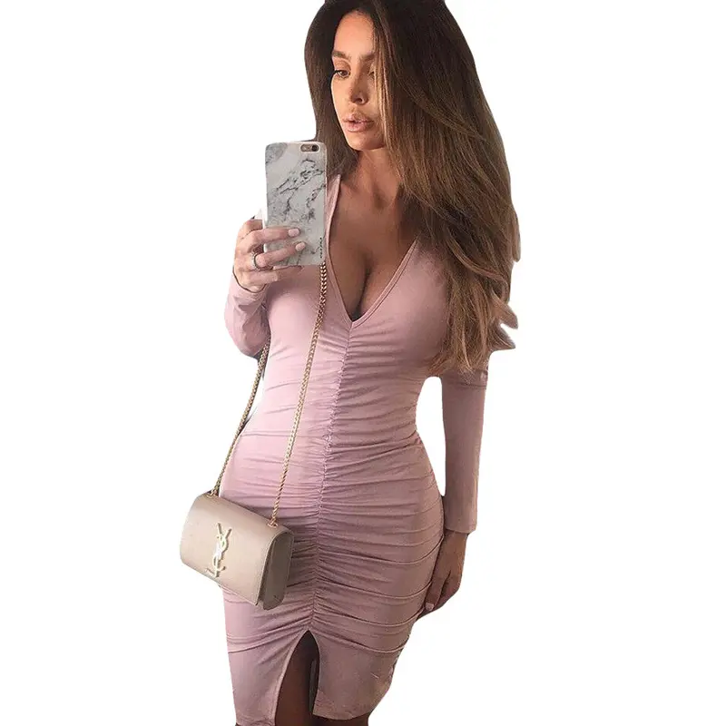 6 Colors Sexy Women V-Neck Pleated Bandage Dress Bodycon Clubwear Mini Dresses Solid Split Party Vestidos M0674 8