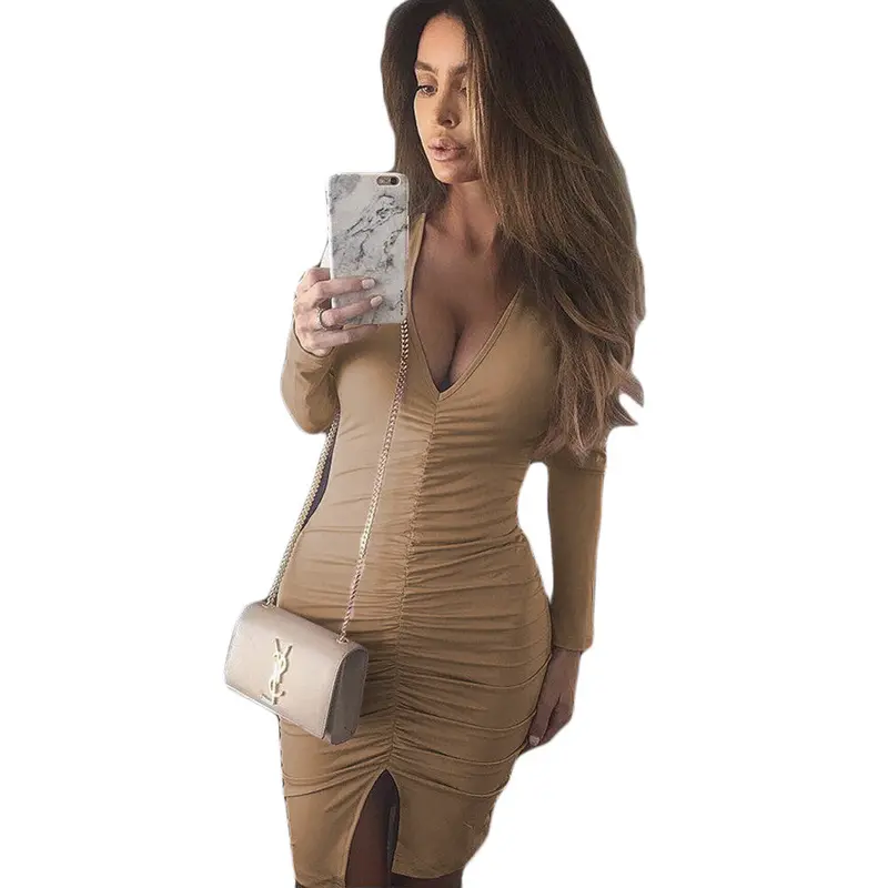6 Colors Sexy Women V-Neck Pleated Bandage Dress Bodycon Clubwear Mini Dresses Solid Split Party Vestidos M0674 9