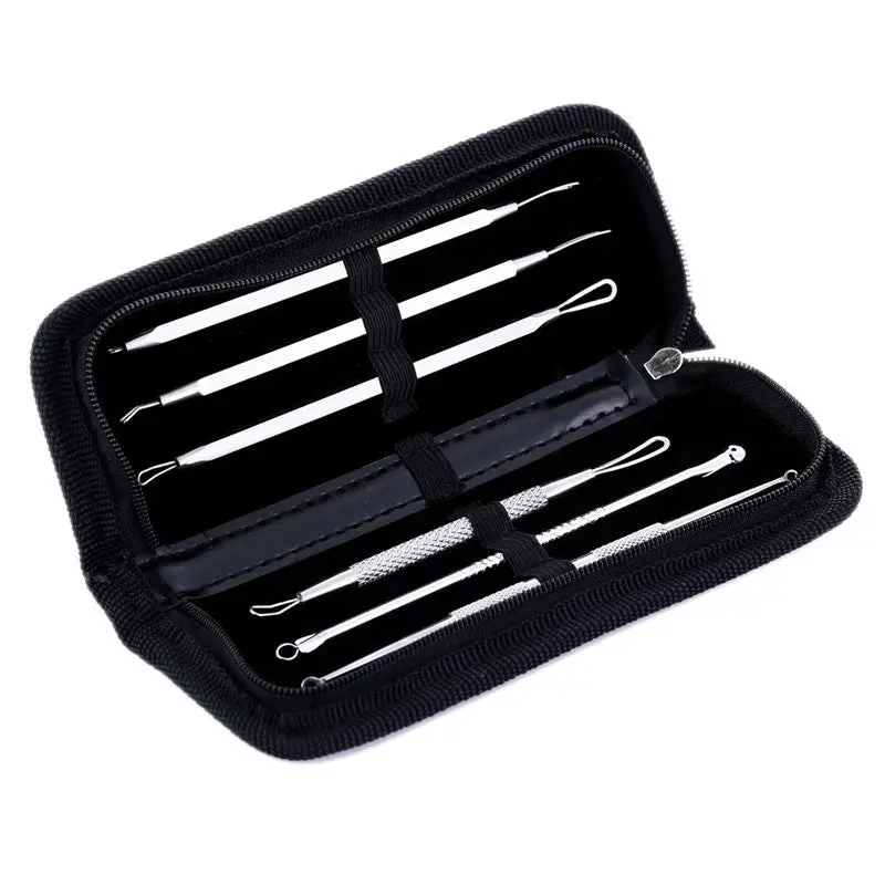 6 Pcs Acne Beauty Stainless Steel Pimple Remover Needle Leather Bag 1