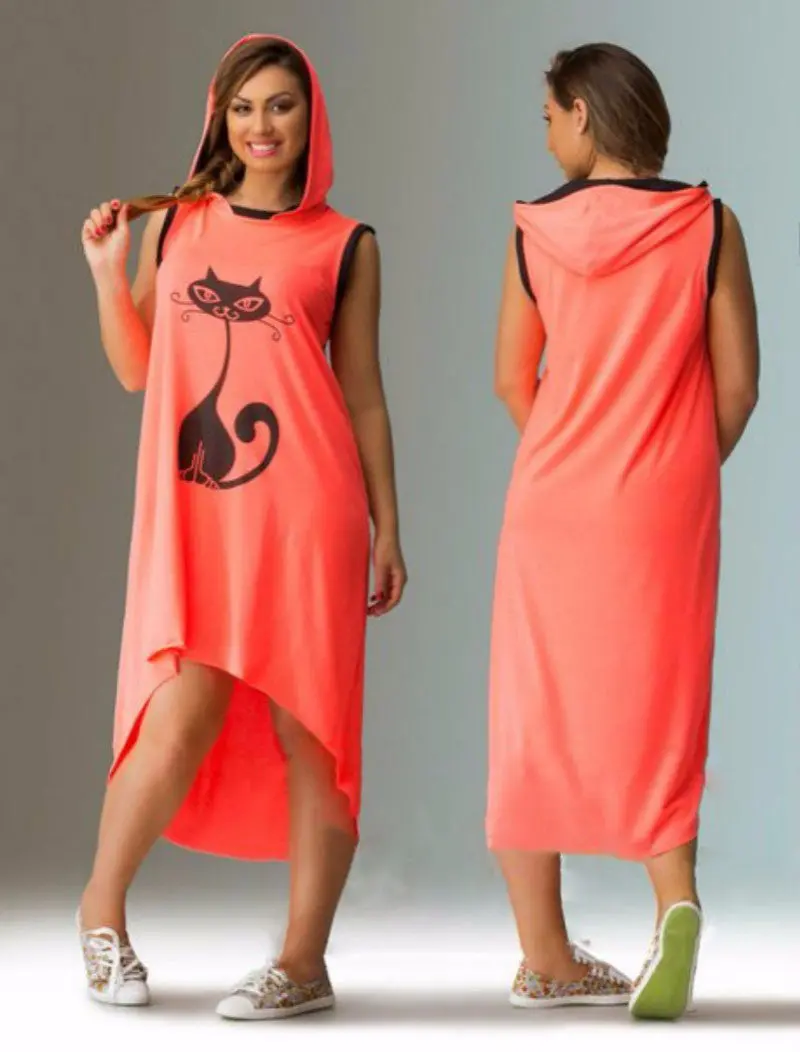 6Xl Dress Women Hooded Slim Irregular Sport Dress Big Size Casual Cat Printing Dresses Vestidos Candy Colors M0433 1