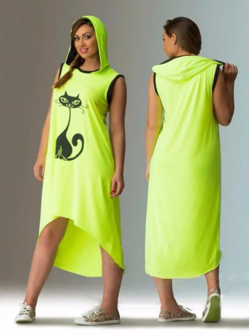 6Xl Dress Women Hooded Slim Irregular Sport Dress Big Size Casual Cat Printing Dresses Vestidos Candy Colors M0433 4