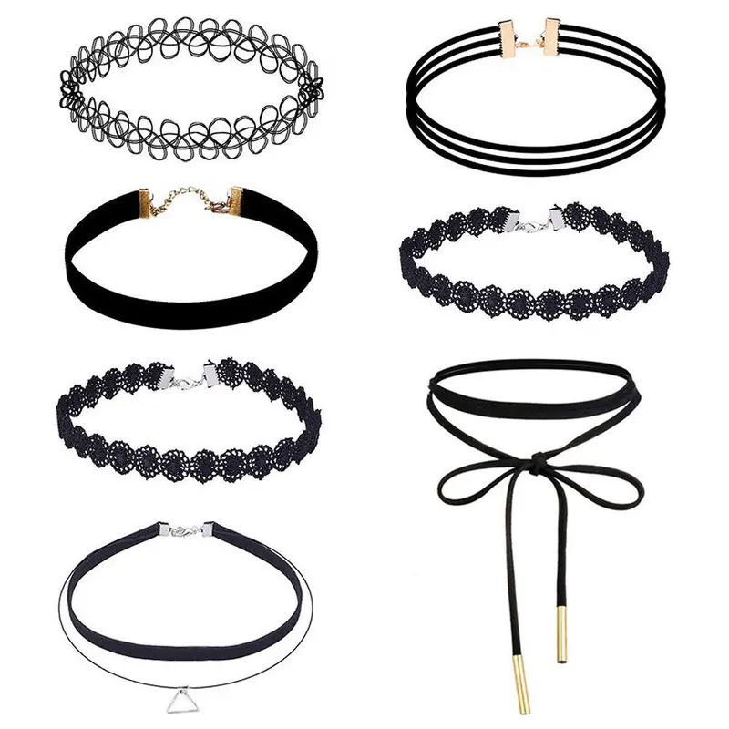 7 Pieces Choker Necklace Set Women Stretch Velvet Classic Gothic Black Tattoo Lace Chokers Jewelry 1