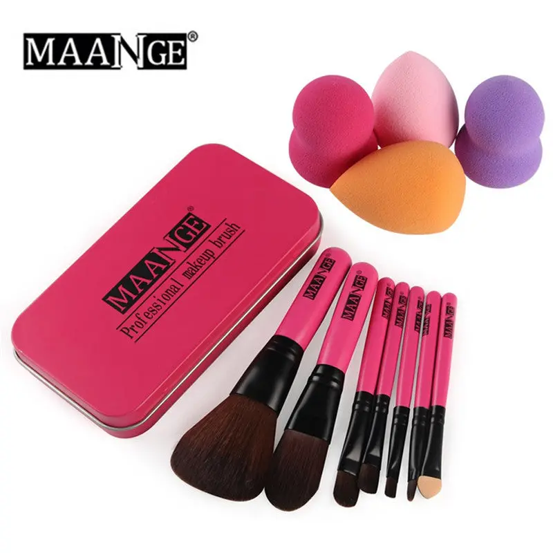 7Pc Makeup Brush Make-Up Toiletry Kit Wool +4Pc Make Up Sponges+ 1 Alloy Case Makeup Brushes Maquiagem Set Kit Tools 1