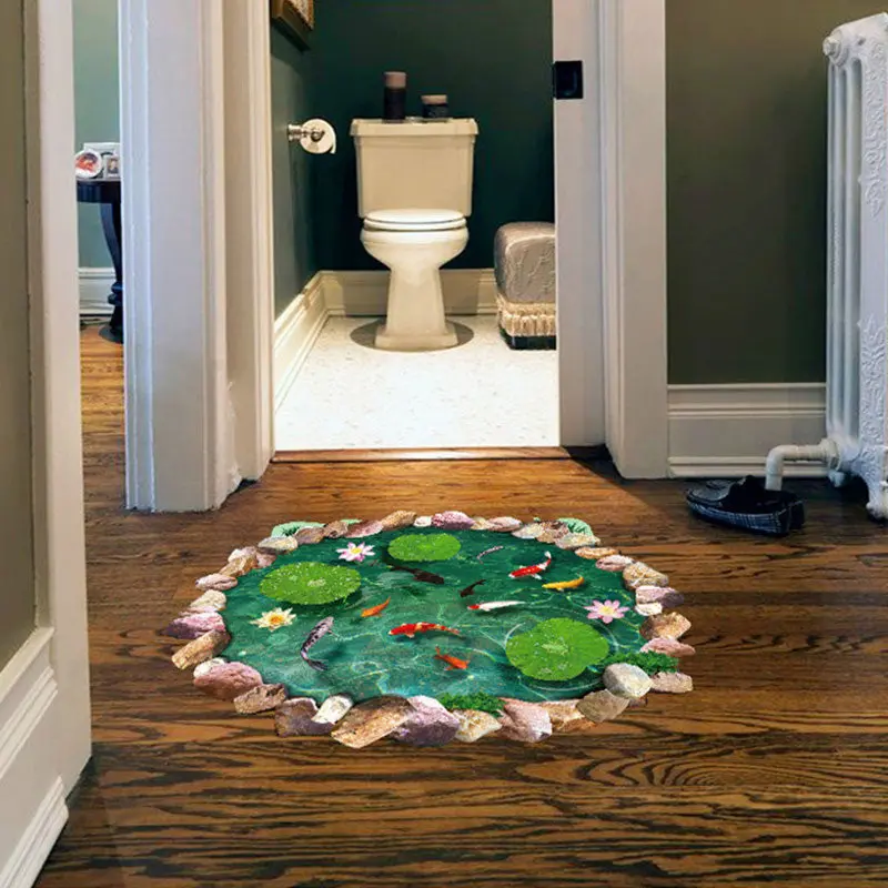 88X58cm Pvc 3D Pool Wall Sticker Waterproof Lotus Pond Gold Fish For Children Bathroom Personalized Floor Wall Sticker 83232 1