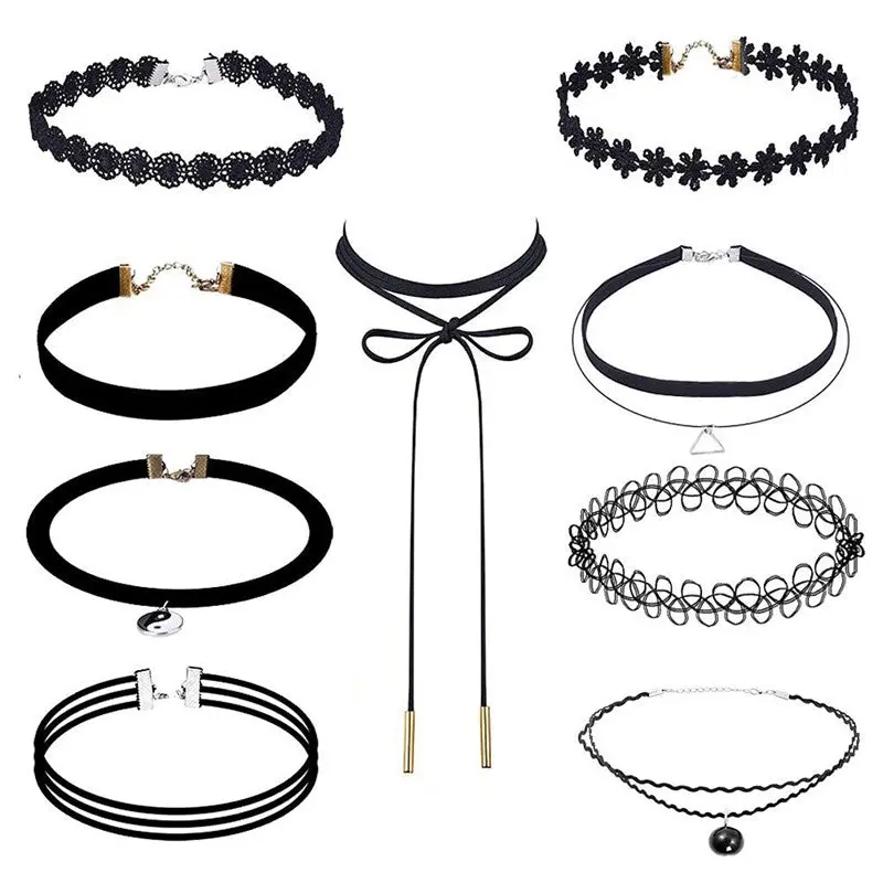 9 Pieces Choker Necklace Set Stretch Velvet Classic Gothic Tattoo Black Lace Chokers Necklaces Gift Jewelry 1