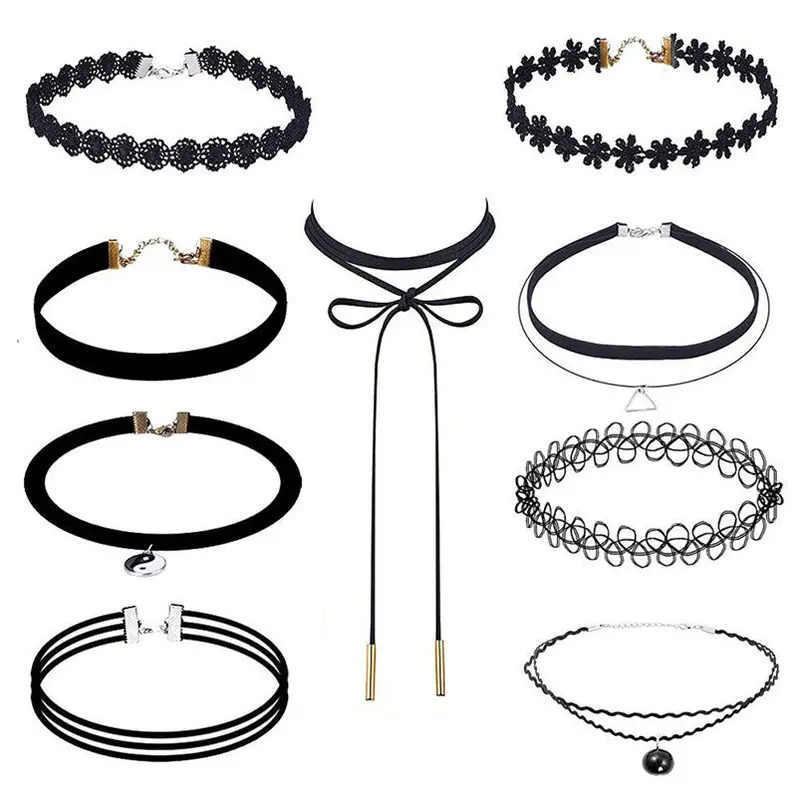 9 Pieces Choker Necklace Set Stretch Velvet Classic Gothic Tattoo Lace Choker Fast Shipping Feida 1