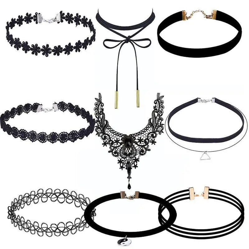 9 Pieces Chokers Women Necklace Set Stretch Velvet Classic Gothic Tattoo Black Lace Choker Jewelry 1