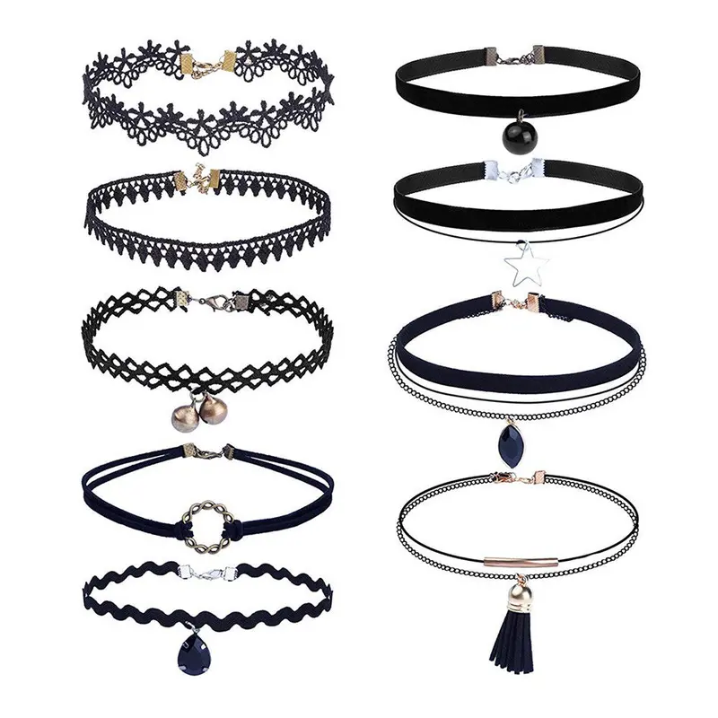 9 Pieces Chokers Women Necklace Set Stretch Velvet Classic Gothic Tattoo Black Lace Choker Jewelry Gift 1