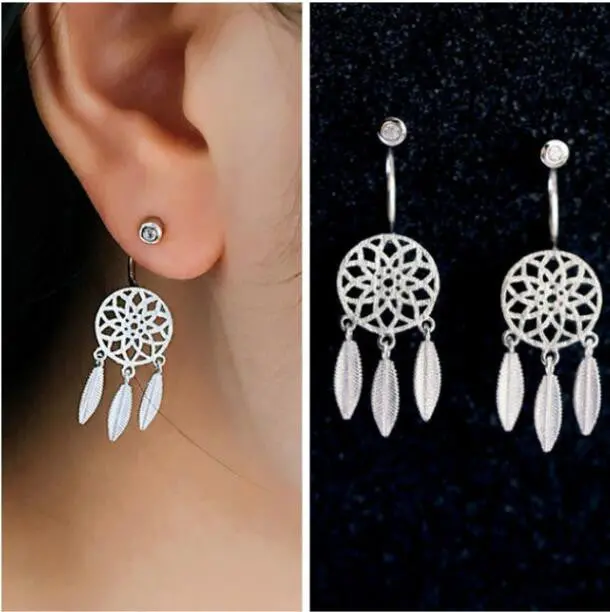 925 Silver Hanging Dreamcatcher With Feathers Stud Earring Syed080 1