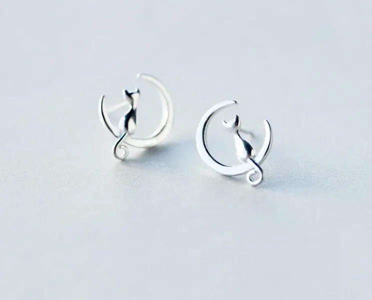 925 Silver Jewelry Kitty Earrings Animal Cat Stand Moon Stud Earrings Syed079 1