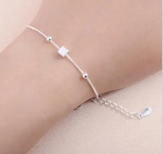925 Silver Jewelry Tiny Cubic Square Bracelets Simple Cuff Bracelets B050 1