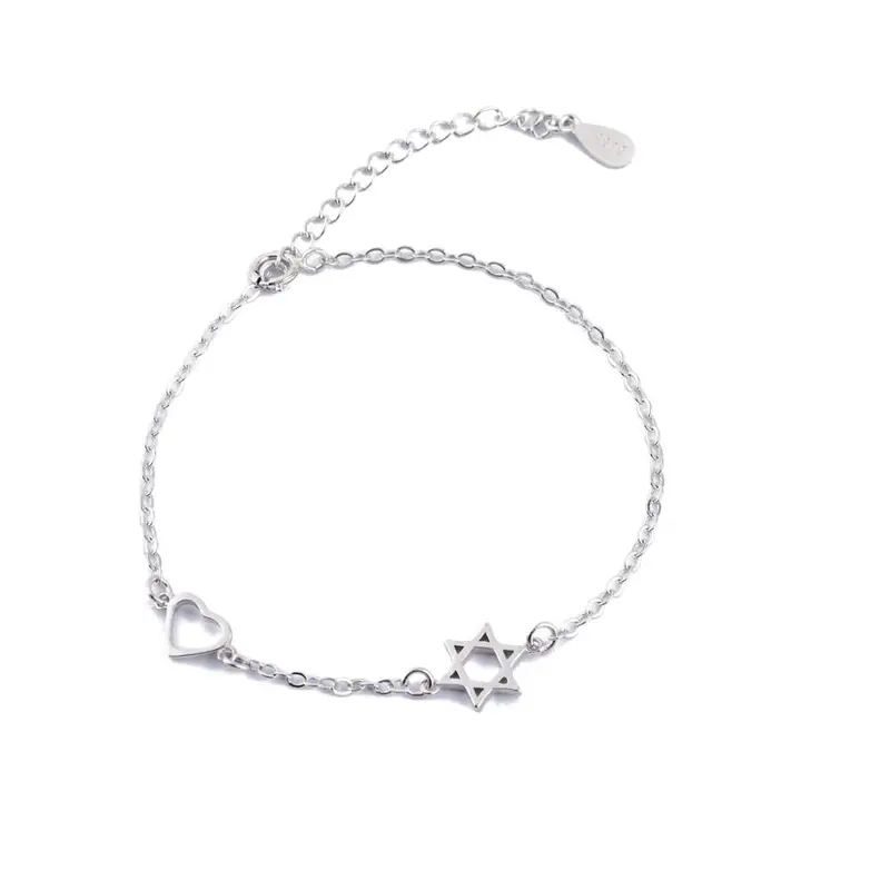 925 Silver Star With Heart Link Chain Cufflinks Couple Bracelet Gifts B048 1