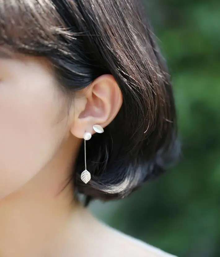 925 Silver Stud Earrings Pearl And Leaf Asymmetry Earrings Syed104 1