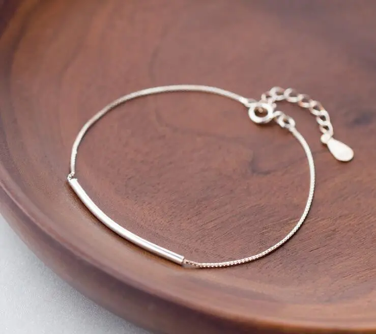 925 Silver Tube Bar Bracelets Simple Long Bar Jewelry Birthday Gifts B070 1