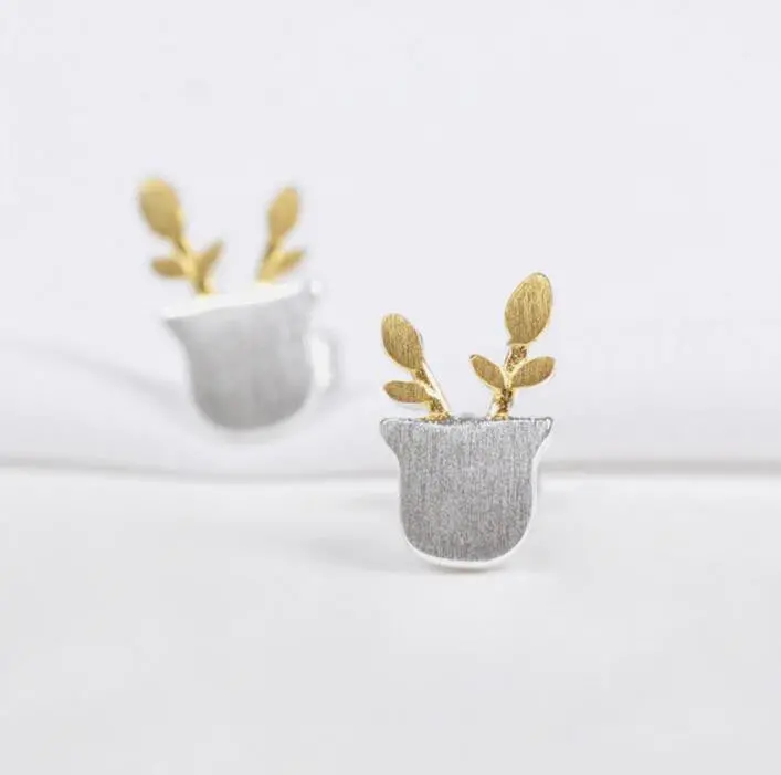 925 Sterling Silver Delicate Potted Plant Earrings Flower Pot Stud Earring Girls Syed040 1