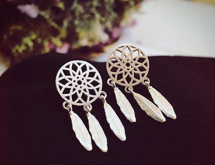 925 Sterling Silver Ethnic Brushed Tassel Dreamcatcher With Feathers Stud Earrings Party Gifts Syed011 1