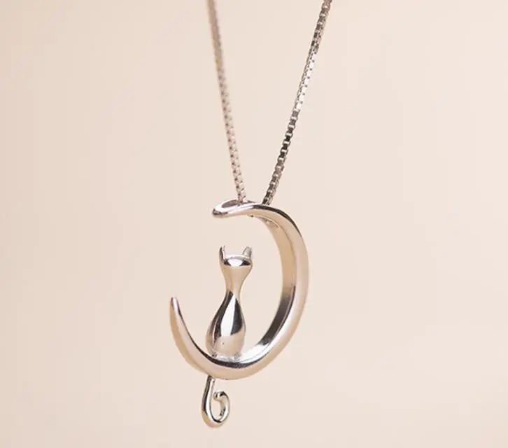 925 Sterling Silver Jewelry Necklaces Animal Cat Sit On Moon Necklace Party Gifts Syxl036 1
