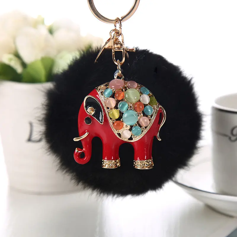 9Cm Rabbit Fur Ball Elephant Keychain Bag Plush Key Ring Car Key Chain Fur Pom Pom Plush Key Chain Keyring Men Women 1