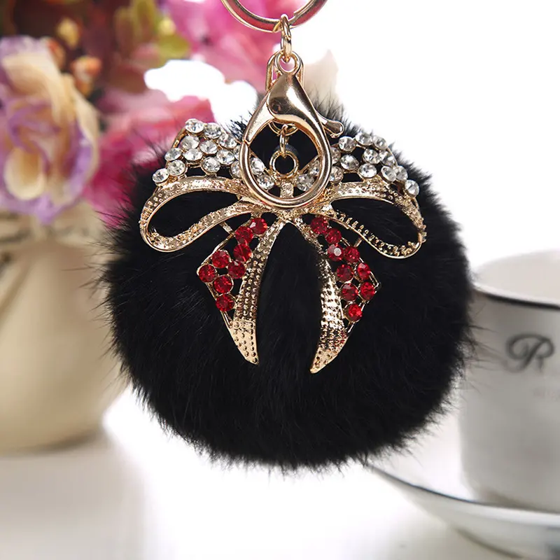 9Cm Rex Rabbit Fur Ball Keychain Car Key Ring Bag Pendant Fur Pom Fluffy Key Chains Ball Bow Rhinestone Keychain 1