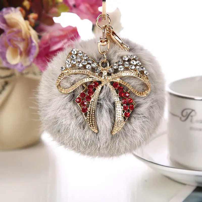 9Cm Rex Rabbit Fur Ball Keychain Car Key Ring Bag Pendant Fur Pom Fluffy Key Chains Ball Bow Rhinestone Keychain 2