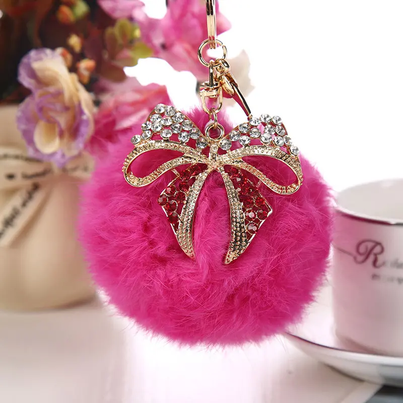9Cm Rex Rabbit Fur Ball Keychain Car Key Ring Bag Pendant Fur Pom Fluffy Key Chains Ball Bow Rhinestone Keychain 3