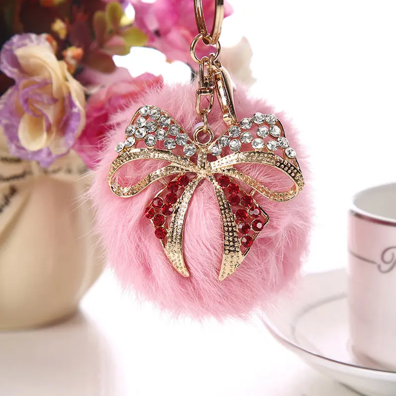 9Cm Rex Rabbit Fur Ball Keychain Car Key Ring Bag Pendant Fur Pom Fluffy Key Chains Ball Bow Rhinestone Keychain 4