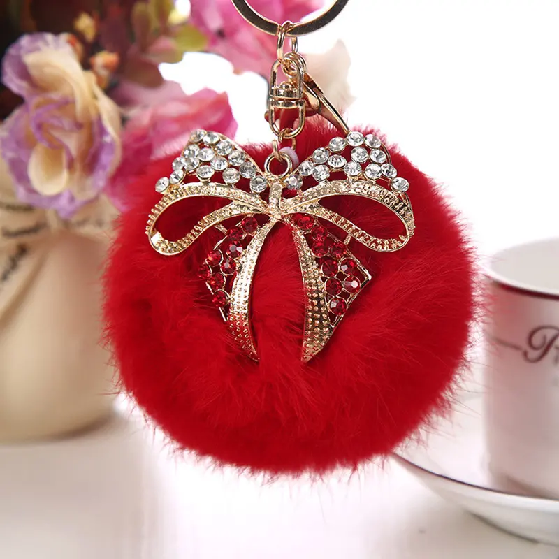 9Cm Rex Rabbit Fur Ball Keychain Car Key Ring Bag Pendant Fur Pom Fluffy Key Chains Ball Bow Rhinestone Keychain 5