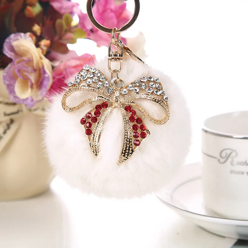 9Cm Rex Rabbit Fur Ball Keychain Car Key Ring Bag Pendant Fur Pom Fluffy Key Chains Ball Bow Rhinestone Keychain 6