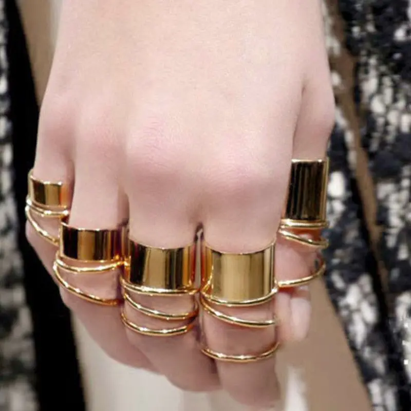 9Pcs Gold Tone Punk Wide Band Ring Stack Plain Knuckle Midi Mid Rings Set Est 1