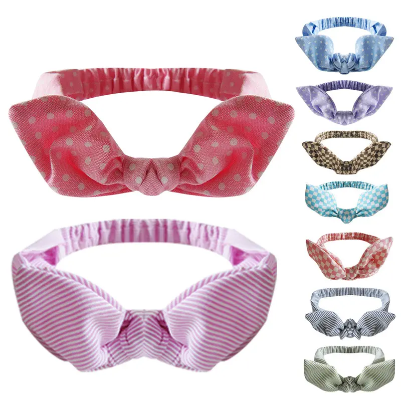 9Pcs Lovely Plaid Dot Striped Baby Headb Bunny Ear Girl Headwear Bow Elastic Knot Headbs 1