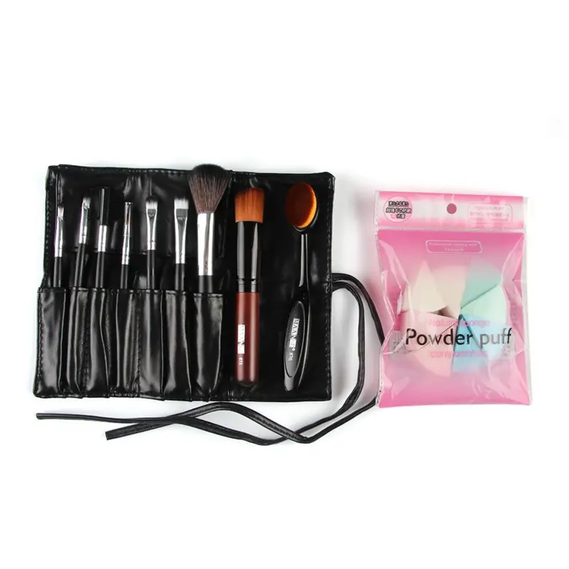 9Pcs Makeup Brush Set With Brush Bag And 8Pcs Powder Puff 1