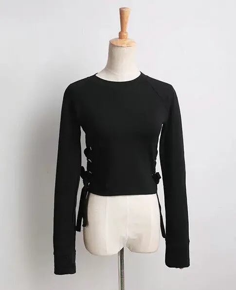 Aa Metel Eyes Lacing Up Side Hoodies Sweatshirts Harajuku Short Sweats Women Clothing Feminina Loose Short Jumper Sweats 1
