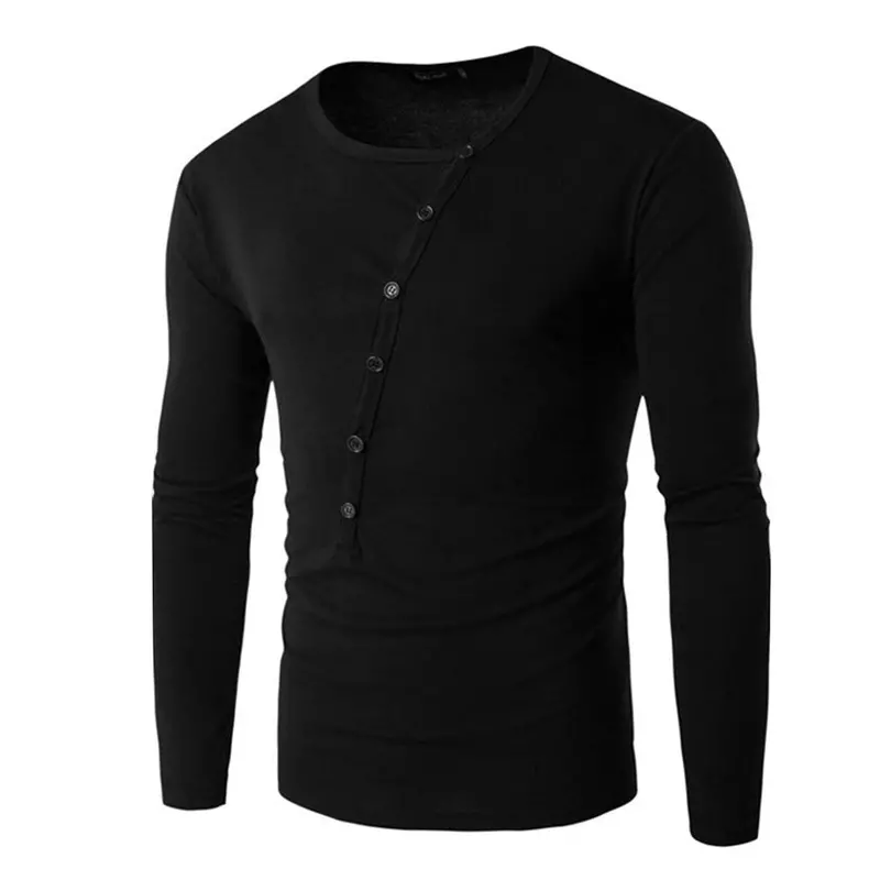 Able Stylelong Sleeve Round Neck Casual Inclined Buckle Decoration Solid Shirt Tops 5