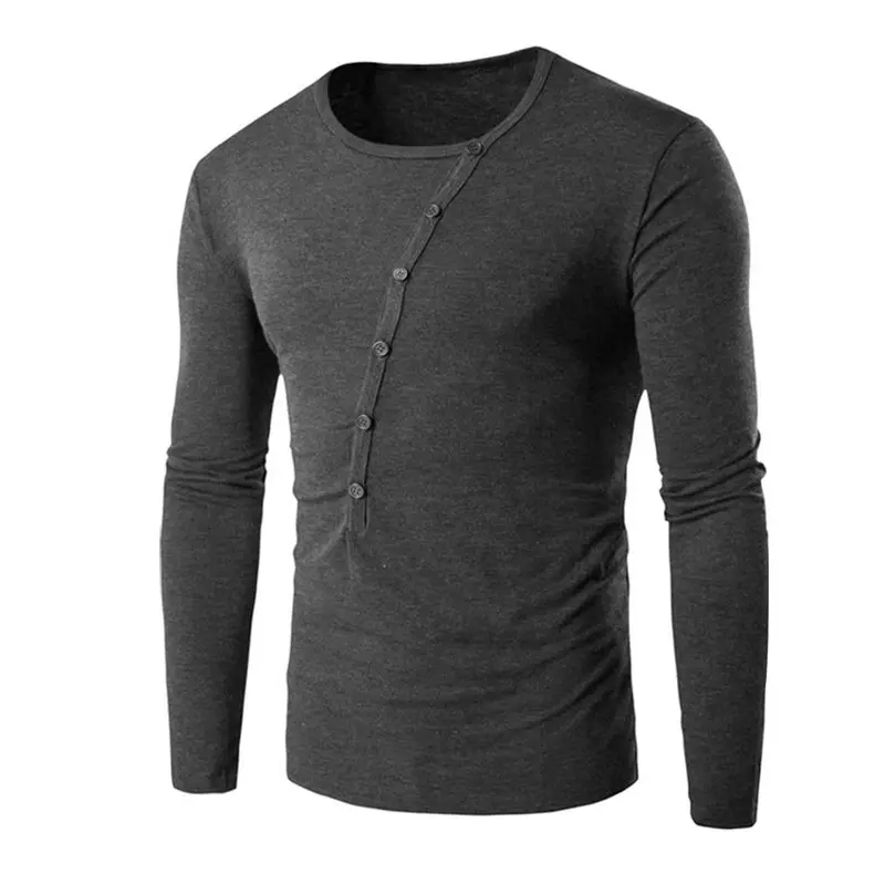 Able Stylelong Sleeve Round Neck Casual Inclined Buckle Decoration Solid Shirt Tops 5