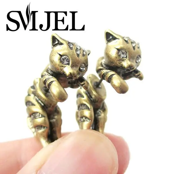 Adorable Kitty Cat Animal Themed Two Parts Stud Earring In Bronze And Antique Silver S85 1