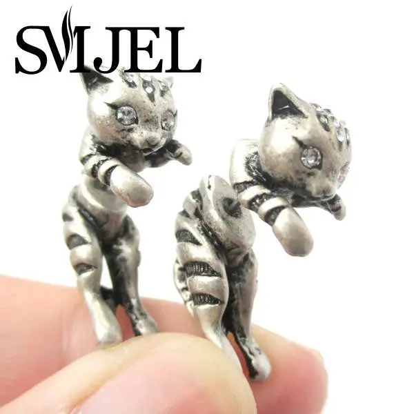 Adorable Kitty Cat Animal Themed Two Parts Stud Earring In Bronze And Antique Silver S85 2