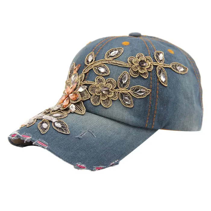 Adult Women Cap Diamond Flower Baseball Caps Hat Adjustable Style Hip Hop Jeans Hats 1