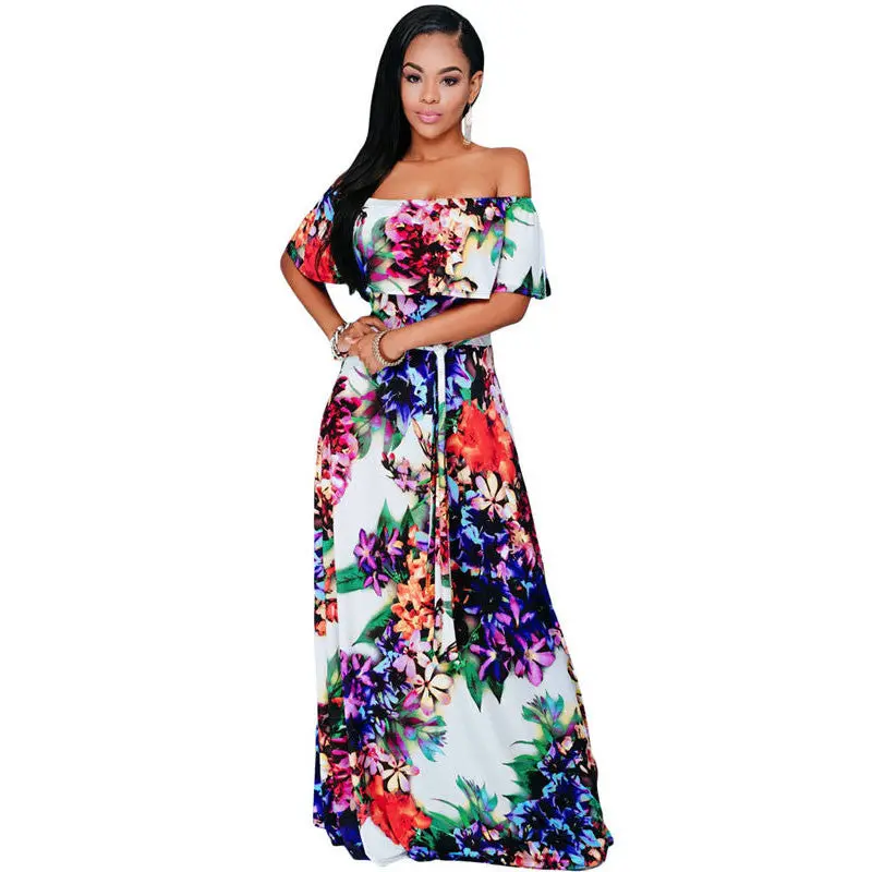 African Floral Print Dresses Tunic Beach Floor Length Dress Evening Slash Neck Elegant Party Casual Long Dress 1