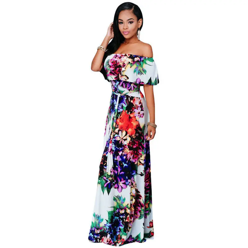 African Floral Print Dresses Tunic Beach Floor Length Dress Evening Slash Neck Elegant Party Casual Long Dress 3