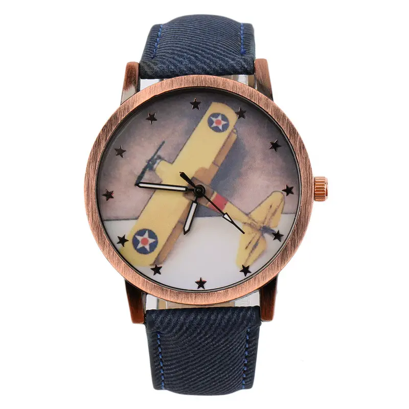 Aircraft Pattern Denim Fabric Band Round Dial Quartz Wrist Watches 1